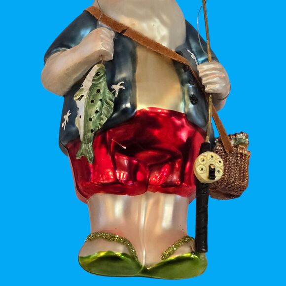 Vacation Hippie Flip Flop Fishing Rod Tiki Santa Claus 5" Blown Glass Ornament - Picture 3 of 12